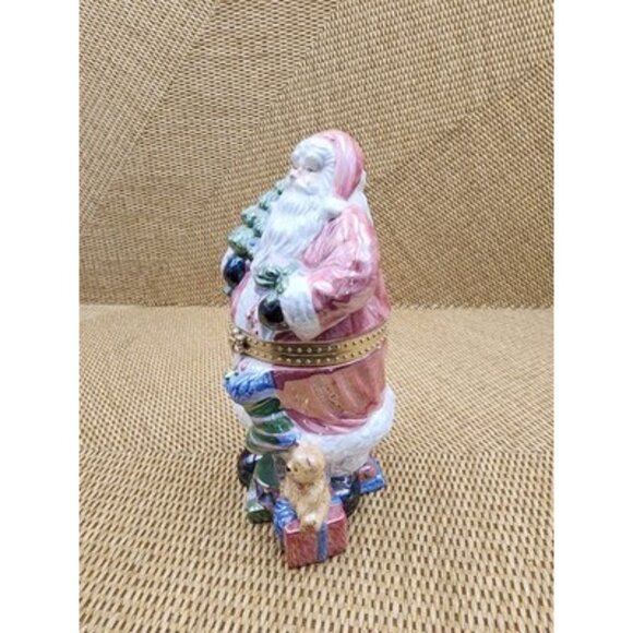 Christmas Decor Trinket Box Santa Claus with Gifts Hinged Porcelain Pink Gold 7" - Picture 3 of 9